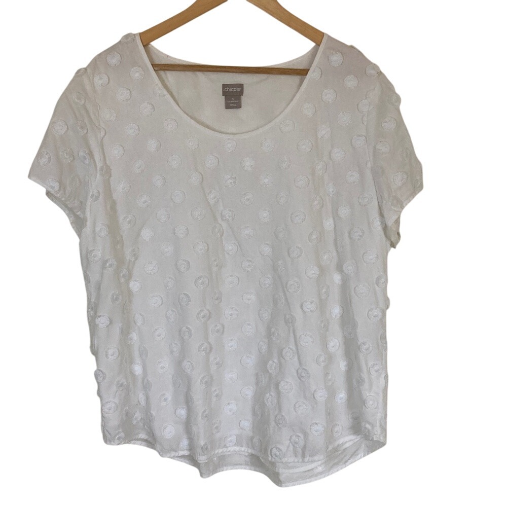 Chico's Womens White Cotton Polka Dot Short Sleeve Top Blouse Size 3 XL Classic